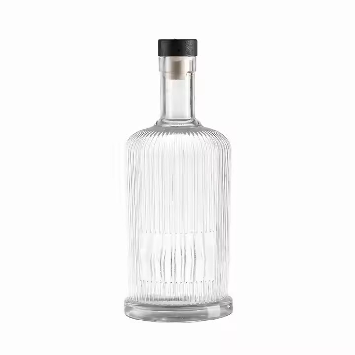 Custom Labels Printing 700ml Striped Glass Vodka Whiskey Brandy Bottle 500ml Tequila Rubber Stopper for Juice Beverages Coffee