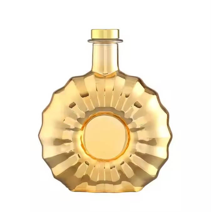 Luxury Round Empty Brandy Glass Liquor Wine Bottle 750ml Electroplated Golden Vodka Wine Glass Bottle with Lids