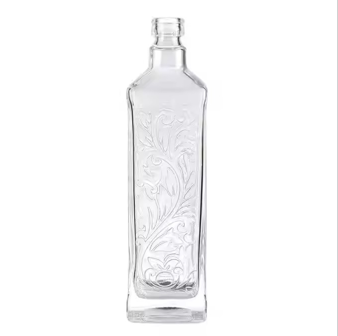 Transparent Embossed Empty Vodka Gin Glass Bottles Clear Square Glass Bottle Whiskey Bottles