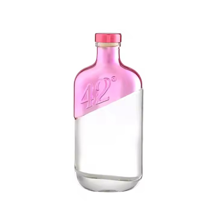 Unique Electroplated Pink Rum Vodka Liquor Gin Spirit Glass Bottle 700 Ml Flat Flask Cold Brew Coffee Juice Glass Bottles