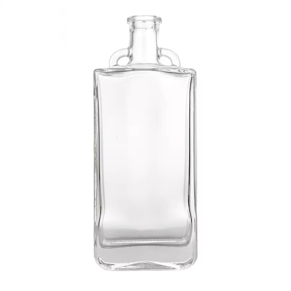 Manufacturer 500ml Custom Rectangular Glass Bottle with Handled Neck for Liquor Rum Tequila with T-Cork Stopper