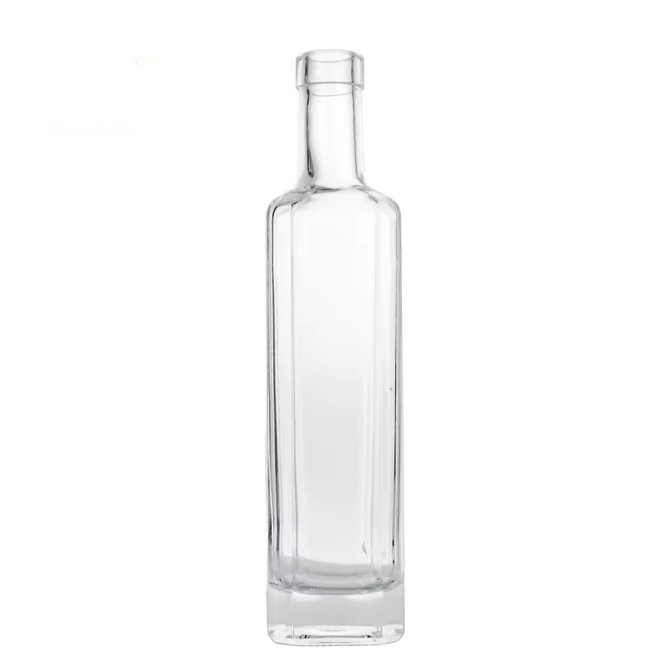 Logo Printing Custom clear square 375ml Whisky Glass Wine Liquor Bottle with Gold Aluminum Covered Rubber Stopper