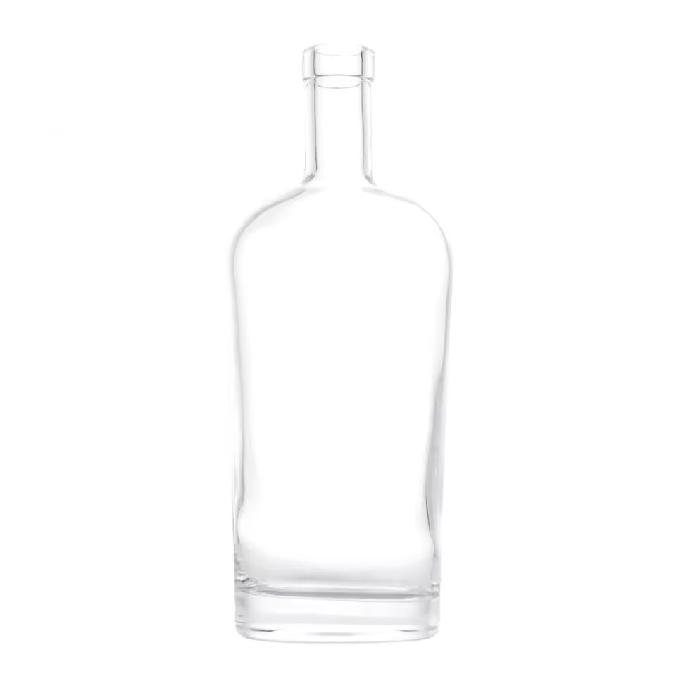 Wholesale 750ml Tall Nordic Style Flat Oval Glass Bottle for Luxury Gin Vodka and Tequila with a Wooden Cork Top