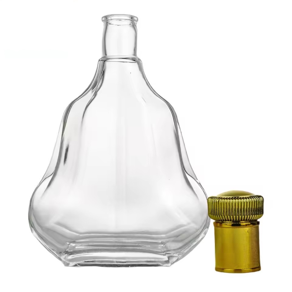 Luxury 700ml Unique Pear Shape Flat Glass Bottle for Whiskey Brandy Cognac XO High Flint Empty Spirit Liquor Bottle