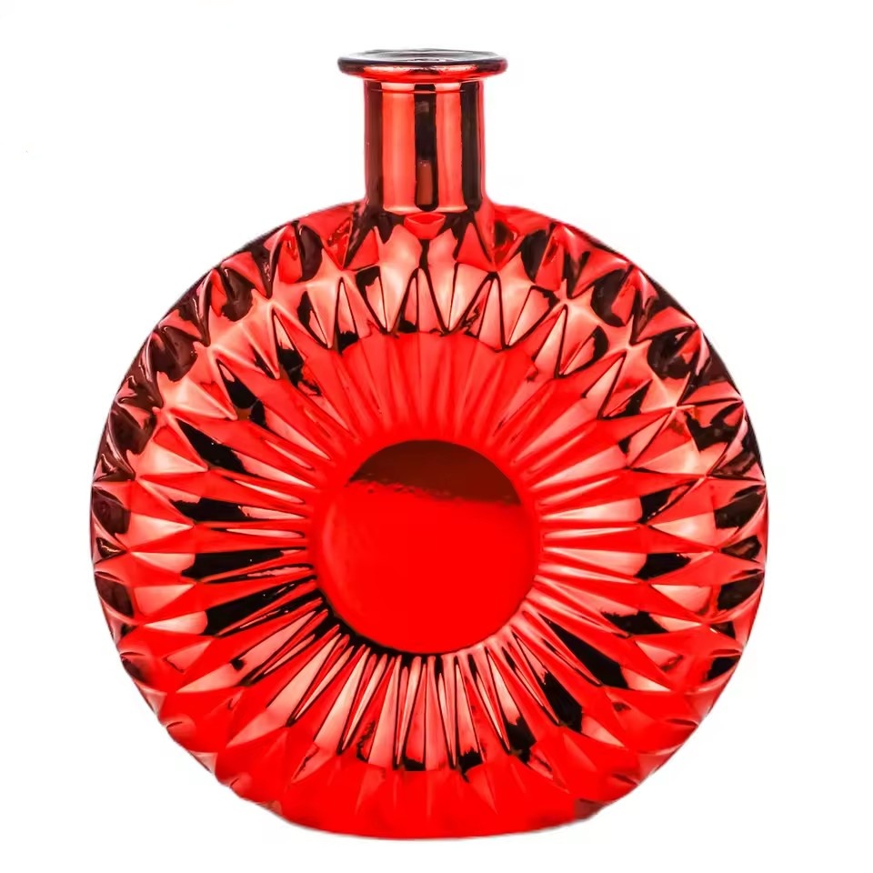 Wholesale 700ml Custom Red Electroplated Flat Round Glass Liquor Bottle for Premium Brandy Gin Whiskey Vodka Spirits Packaging