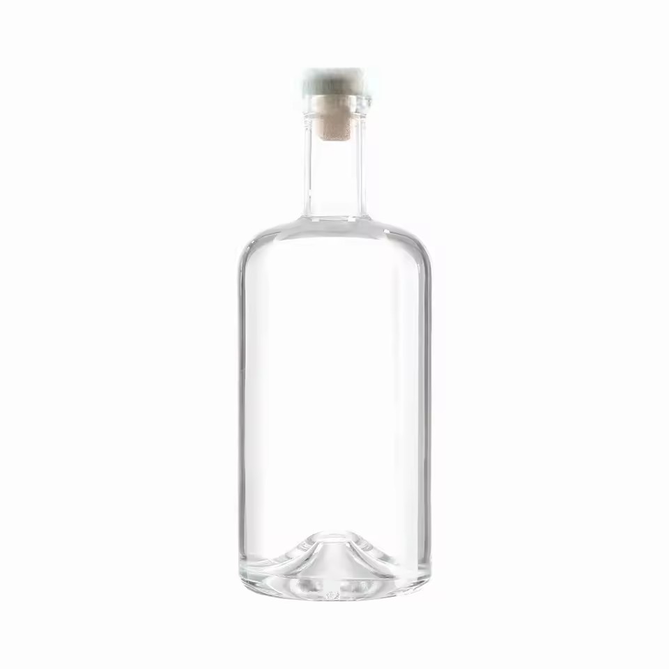 Custom Transparent Round Glass Bottle with Cork Lid for Brand Energy Drinks Whisky Vodka Tequila Wine Brandy