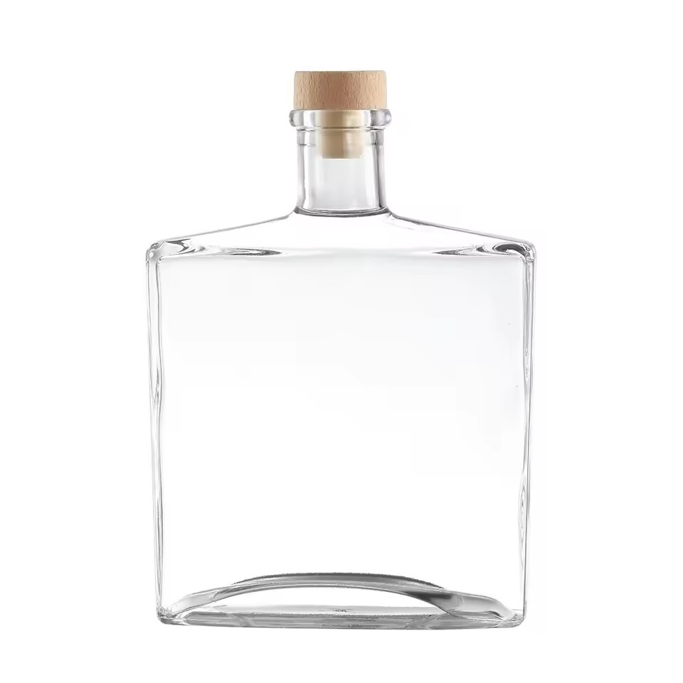 Custom 750ml Square Glass Whiskey Bottle with Cork for Tequila Brandy and Energy Drinks Silk Screen Printing Included