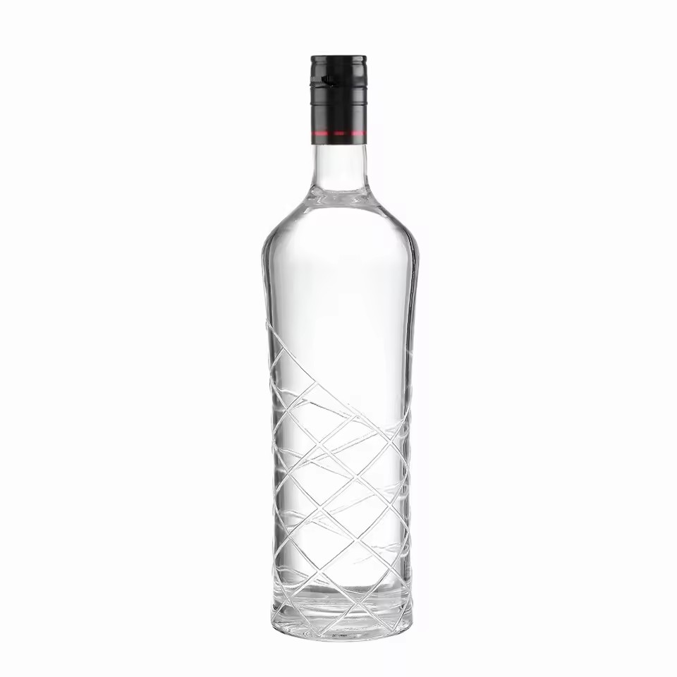 Customized 375ml 500ml 750ml Glass Bottles for Spirits Energy Drinks Cylinder Grid Decoration for Gin Rum Tequila Whiskey Brandy