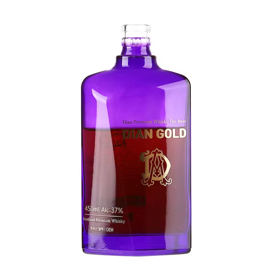 Wholesale Custom Shape High Quality 450ml Clear Popular Purple Glass Bottle Tequila Gin Rum Whiskey Vodka Bottles