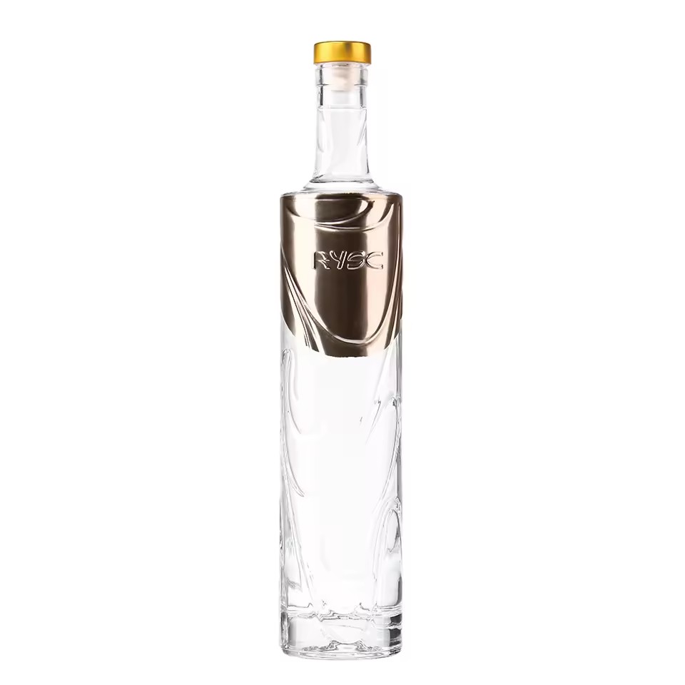 Wholesale Customizable Clear Alcohol Glass Bottles Luxury Elecroplate Golden 750ml Liquor Vodka Whisky Glass Bottle