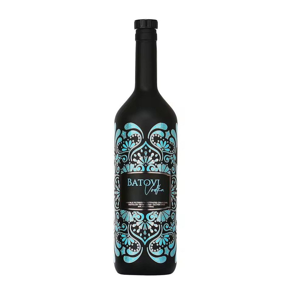 Custom OEM Luxury 700ml 750ml Spray Black Custom Flower Label Glass Wine Vodka Spirits Bottle with Lid for Wine Bottles