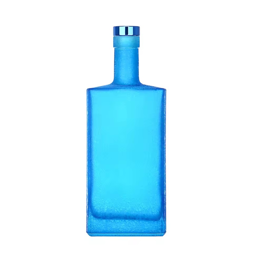Hot Sale Premium Custom Square Blue 375ml 500ml 700ml 750ml 1000ml Tequila Gin Whisky Liquor Bottle Vodka Glass Bottle With Cork