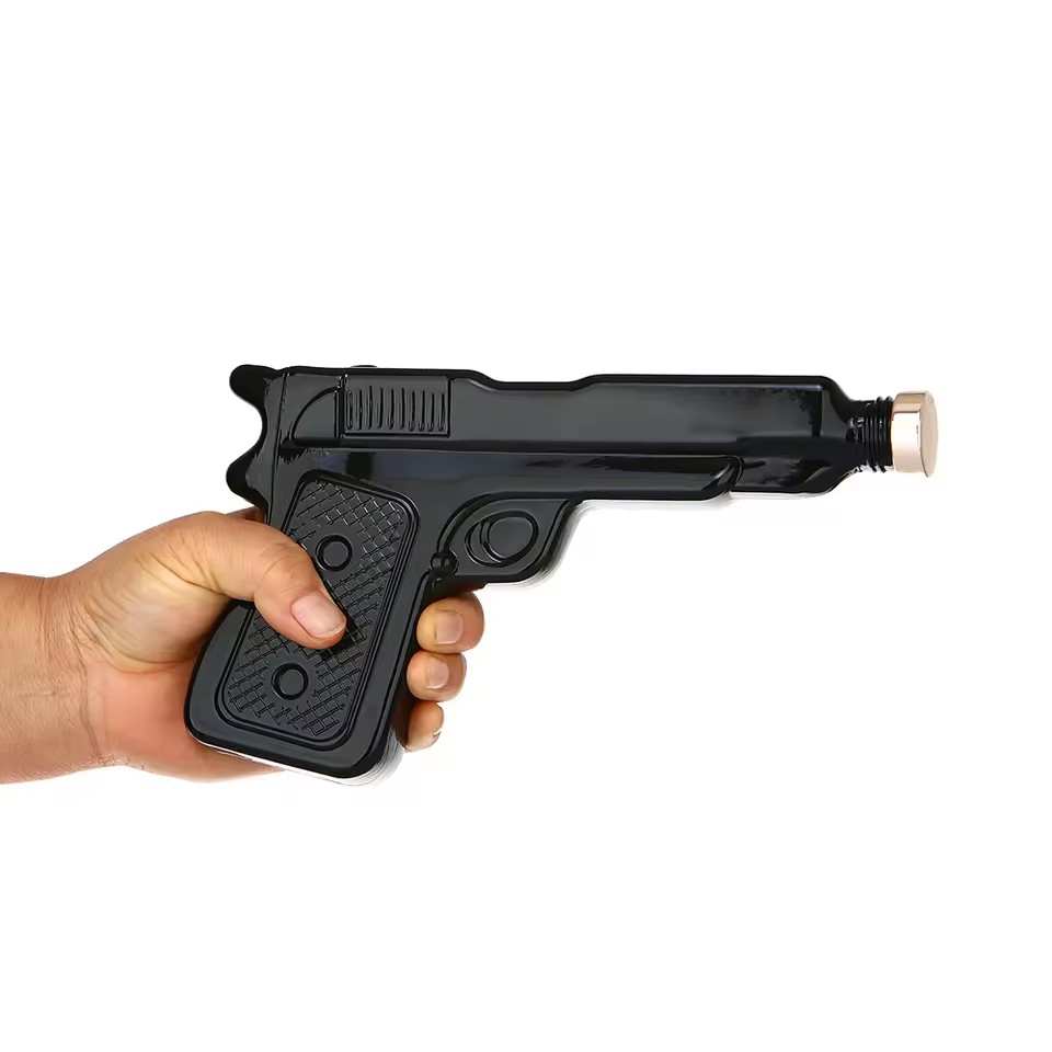 New Design Pistol Shaped Shining Black Customized 500ml 750ml Wholesale Glass Liquor Bottle for Vodka Whisky Gin Rum