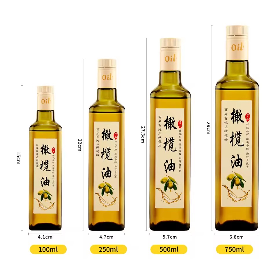 Hot Sale Empty Olive Oil Bottle 100ml 250ml 500ml 750ml Clear Green Square Leak-Proof Glass Bottle with Proprietary Cap