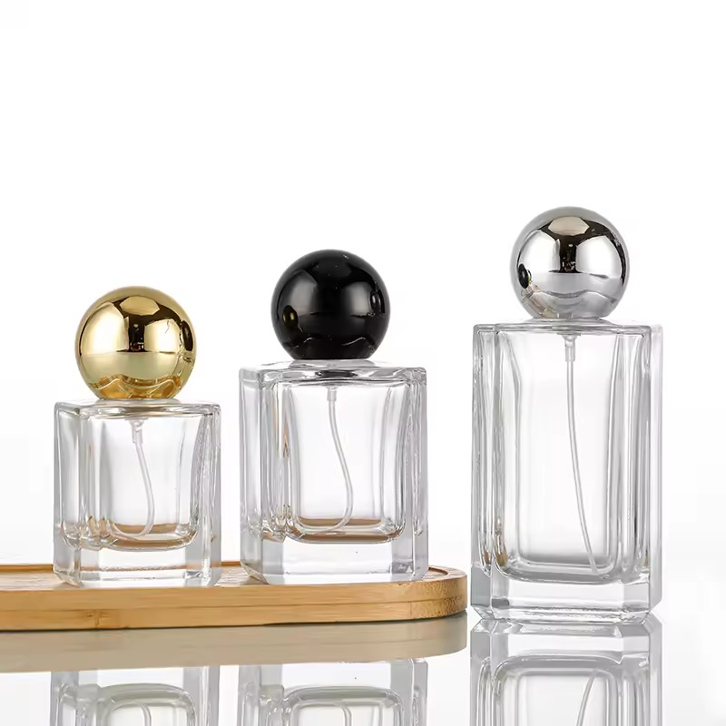 Small Rectangle 30ml 50ml 100ml Square Aroma Bottle With Ball Shaped Cap Wholesale Pump Sprayer Glass Perfume Bottle