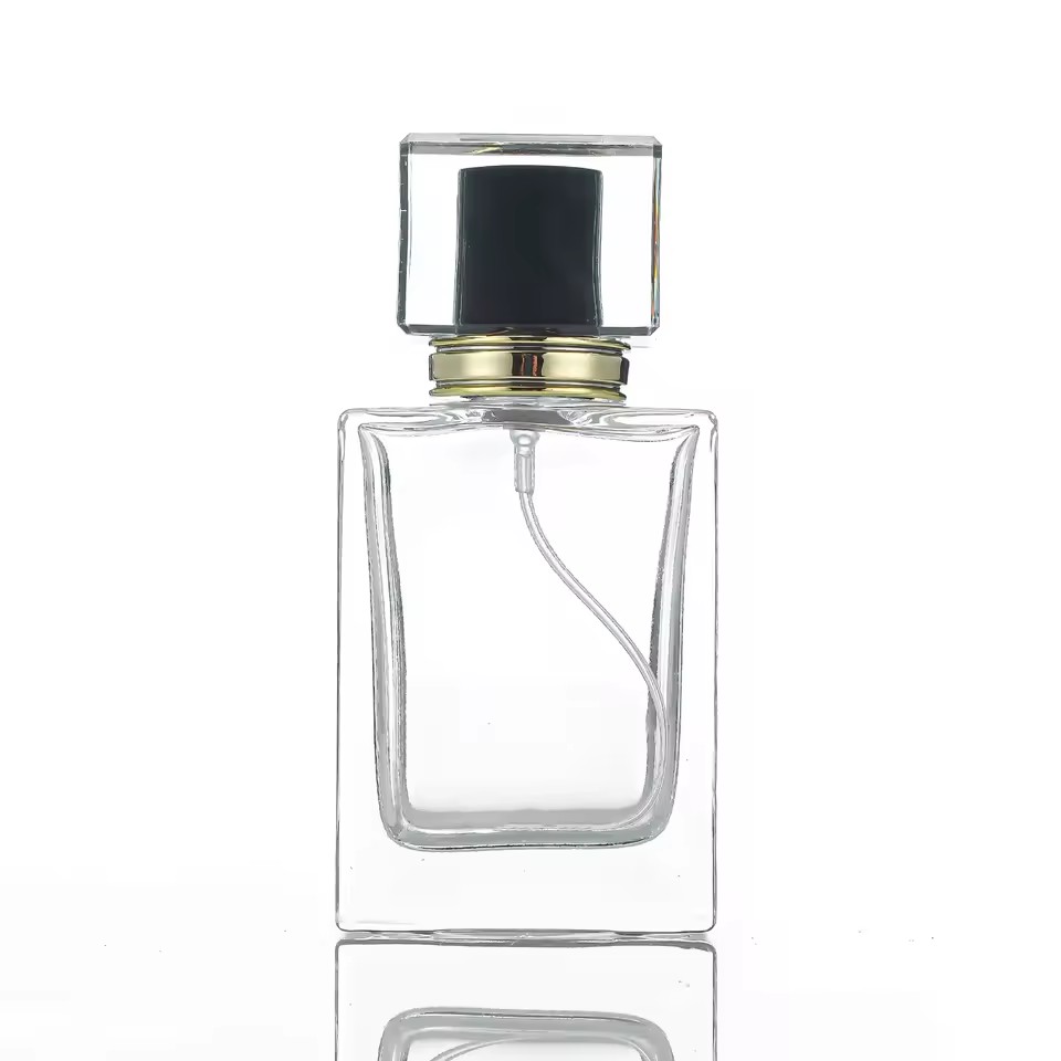 Wholesale in Stock High Quality Crystal High End Square Empty 50ml Perfume Glass Bottles with Black Cap