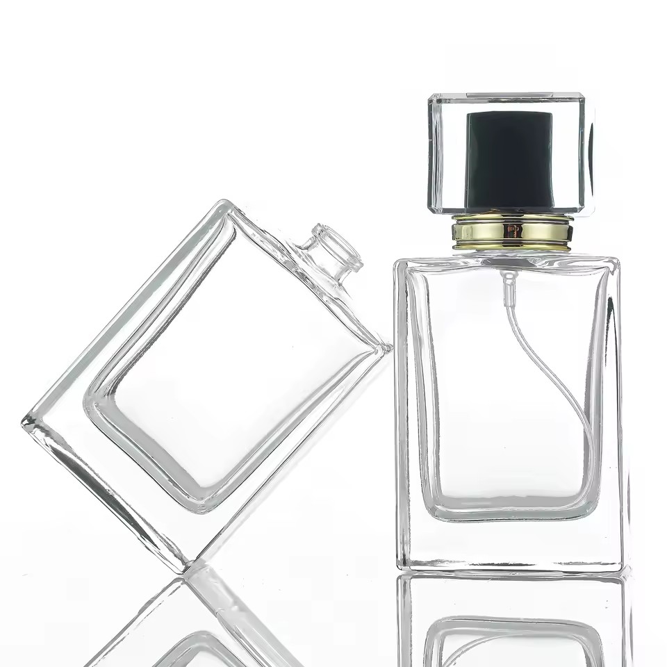 Luxury 50ml Flat Square Elegant Glass Perfume Bottle Empty Crystal Travel Refill with Screw Spray Top