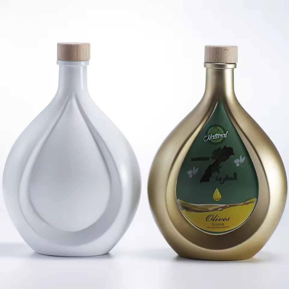 Customizable 500ml/1000ml Green Glass Bottle for Olive Oil Juice & Tequila Flat Shape Pump Sprayer Nozzle Carton Packed