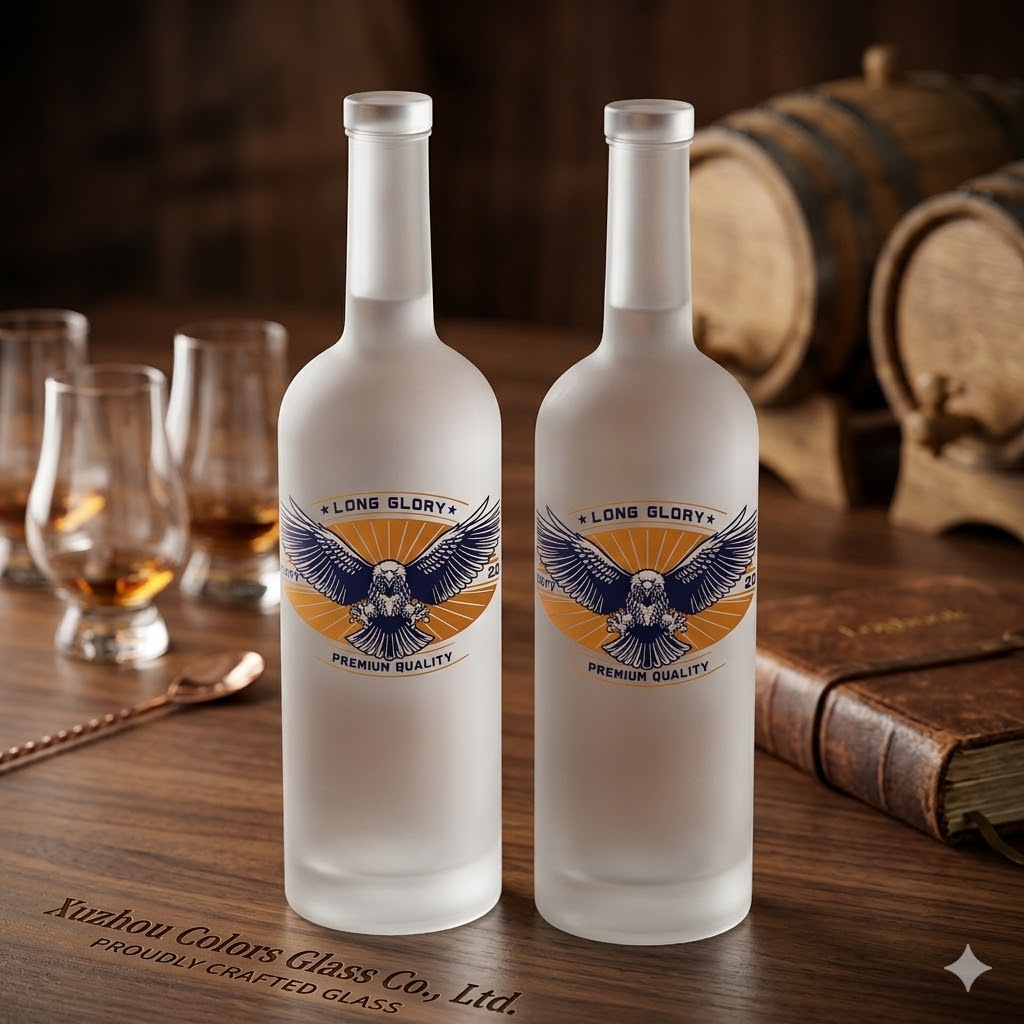 Luxury 750ml Round Glass Spirit Bottles with Frosting & Custom Color Spray