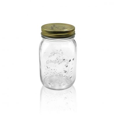 Wide mouth 500 ml square embossed clear glass food storage mason jar with twist off cap 