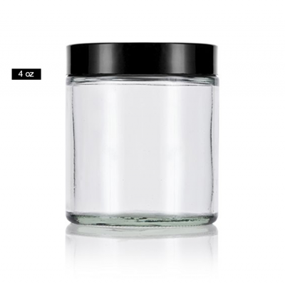 4oz / 120ml Clear Thick Glass Straight Sided Jar with Black Smooth Lids