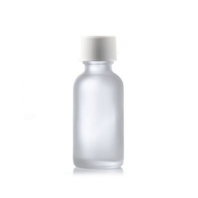 1 oz Clear FROSTED Boston Round Glass Bottle w/ White Child Resistant Cap 