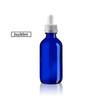 2 oz Cobalt BLUE Boston Round Glass Bottle w/ White Child Resistant Dropper