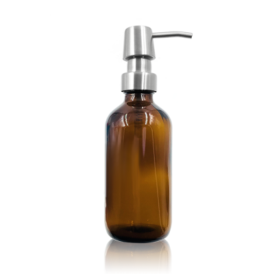 250ml 8oz amber round glass bottle with pump for shampoo liquid soap 