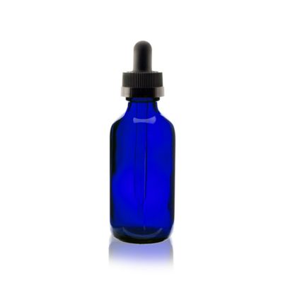 2 oz Cobalt BLUE Boston Round Glass Bottle With Black Child Resistant Dropper