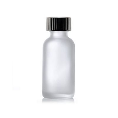 China 30ml/ 1 oz Clear FROSTED Boston Round Glass Bottle w/ Black Poly Seal Cone Cap 