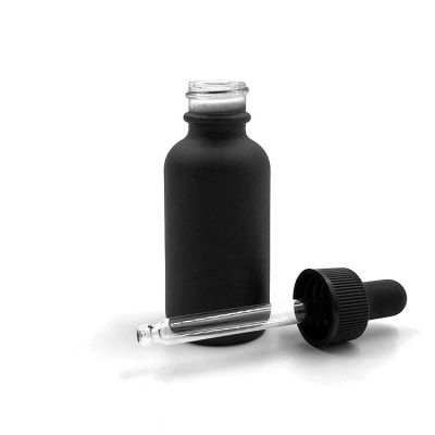 Frost black 30ml 1 oz glass boston round dropper bottle with 20/400 black cap