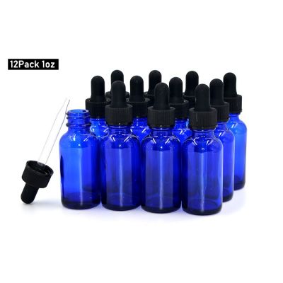 (12 Pack) 1 oz. Cobalt Boston Round with Black Glass Dropper 