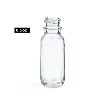 1/2 Ounce 15ml clear boston round glass bottles with black poly seal cone cap