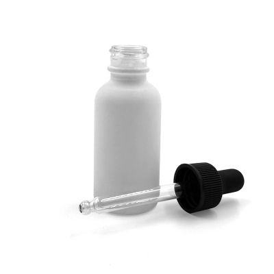 1 Ounce 30ml White UV Glass Round Boston Dropper Bottle With 20mm black rubber liner cap