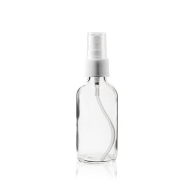 2 oz CLEAR Boston Round Bottle- w/White Fine Mist Sprayer 