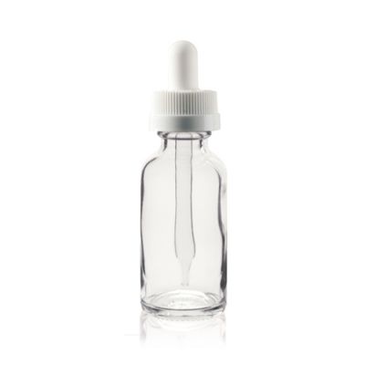 1 oz CLEAR Boston Round Glass Bottle With White Child Resistant Dropper