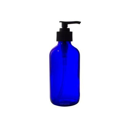 8 oz BLUE Boston Round Glass Bottle With Lotion Pump