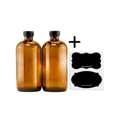 Refillable 16oz amber glass bottle with reusable chalk labels and black screw top lid 