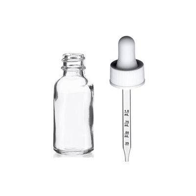 1 oz CLEAR Boston Round Glass Bottle w/ White Calibrated Glass Dropper