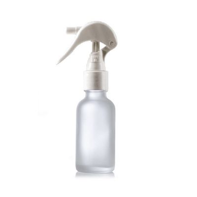 1 oz Clear FROSTED Boston Round Glass Bottle w/ White Mini Trigger Sprayer 