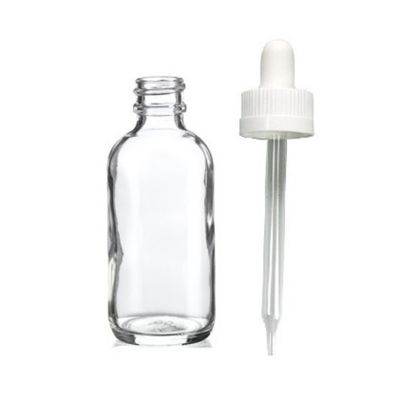 2 oz Clear Boston Round Glass Bottle w/ White Child Resistant Dropper 