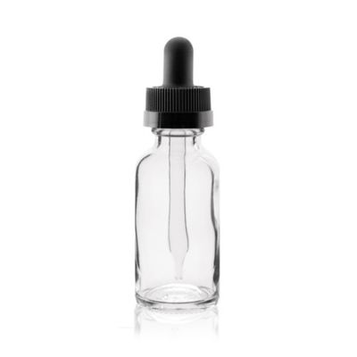 1 oz CLEAR Boston Round Glass Bottle With Black Child Resistant Dropper 