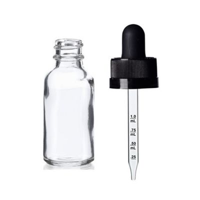1 oz CLEAR Boston Round Glass Bottle w/ White Child Resistant Calibrated Glass Dropper 