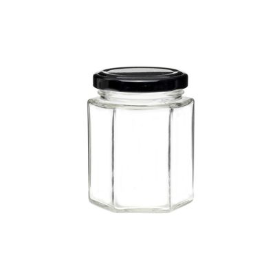 730ml glass honey jar hexagon glass honey with black metal lid 