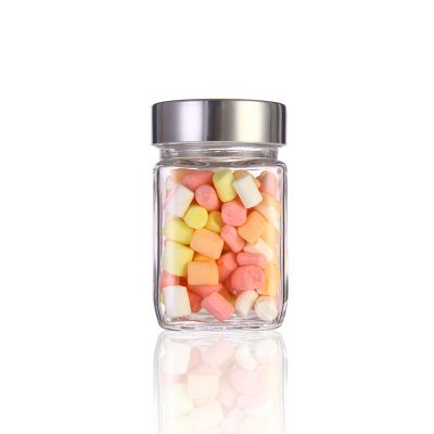 Square food packaging storage clear glass jar 300ml with screw metal lid 