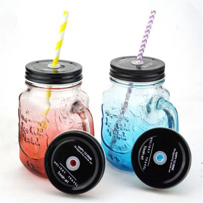 Customized 16oz 500ml clear empty glass drinking mason jars with handles bulk 
