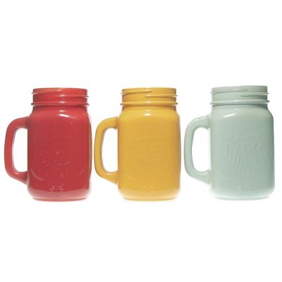 Factory Direct Sales Embossed Coloured Drinkware 480 ml 16 oz Empty Mason Glass Jar with Handle 