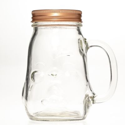 Animal Shaped 580ml Owl Engraving Empty Beverage Cup Clear Glass Mason Jar with Handle and lids Straw 