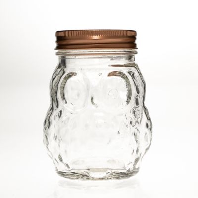 Factory Price Owl Shaped Beverage Food Storage Container 400 ml Wide Mouth Glass Mason Jar with Metal Lids 