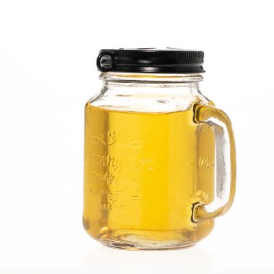 Hot Sale Factory Direct Soft Drinking Bottles 400 ml Glass Mason Jar with Handle and Metal Lids 